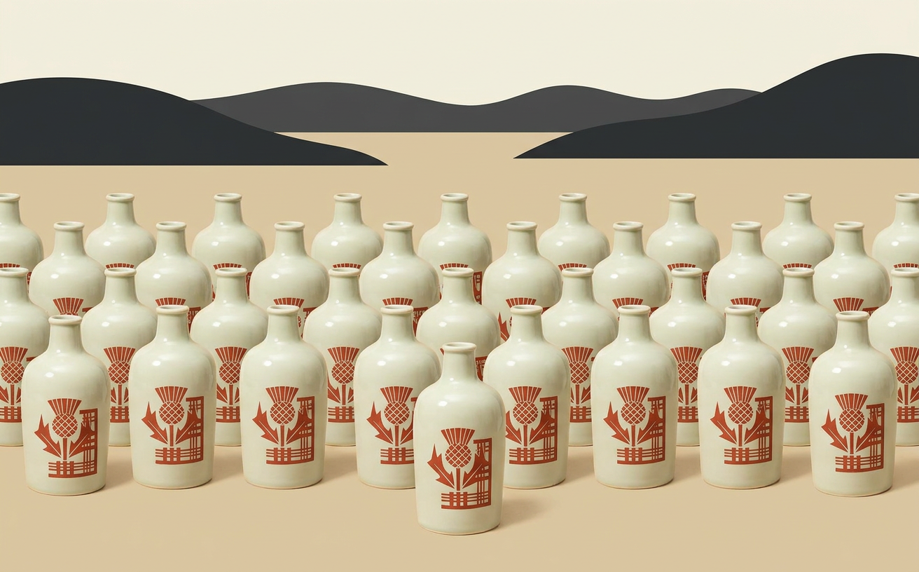 Composición editorial inspirada en Angus Dundee en China: Chun’an produce whisky, pero no Scotch