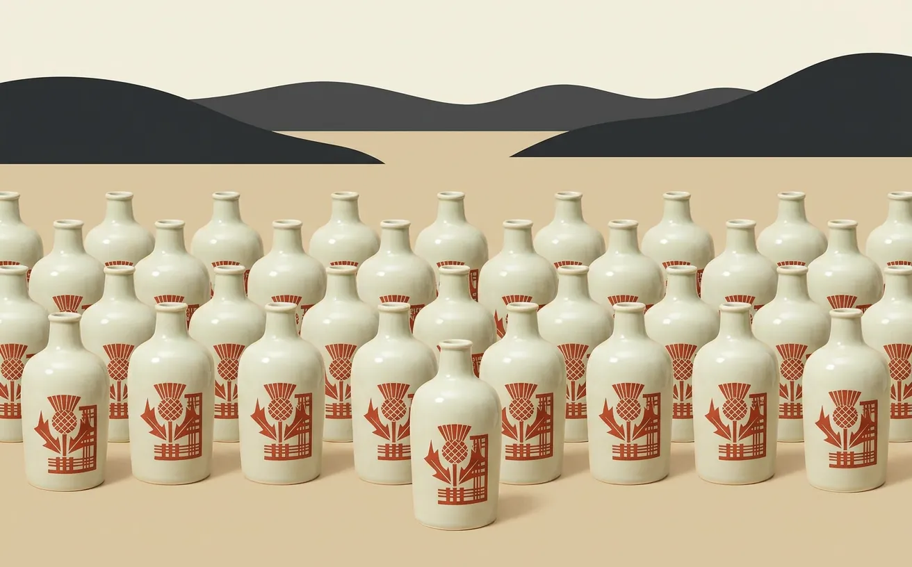 Composición editorial inspirada en Angus Dundee en China: Chun’an produce whisky, pero no Scotch