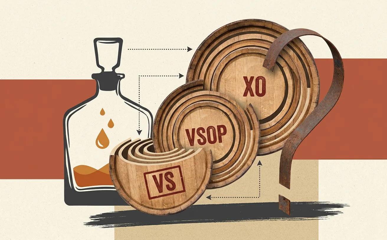 Composición editorial inspirada en Cognac VS, VSOP y XO: qué significan sus edades