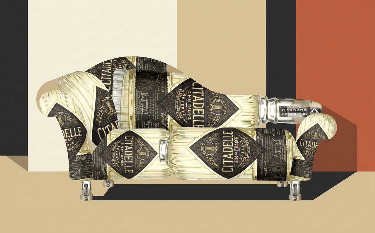Composición editorial inspirada en El diván de los destilados: Citadelle Gin Reserve