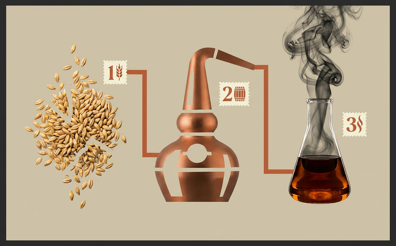 Composición editorial inspirada en El origen de los sabores del whisky