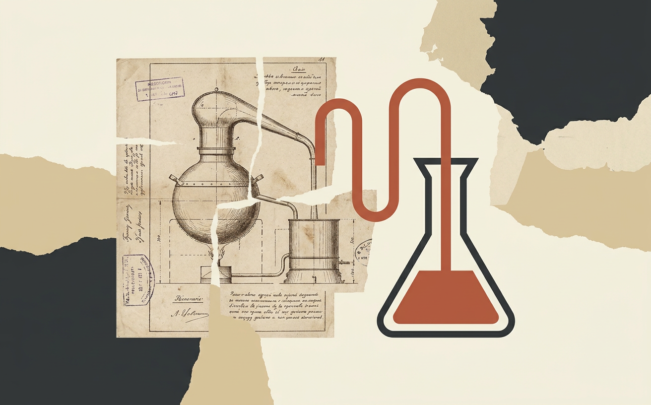 Composición editorial inspirada en Cuando destilar era cosa de alquimistas: ¿quién inventó realmente el alambique?