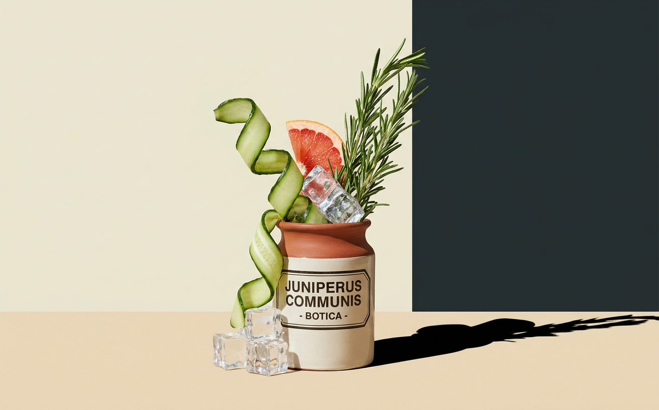Composición editorial inspirada en La ginebra nació en una botica, no en una barra