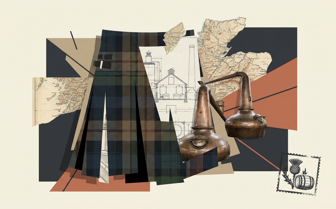 Composición editorial inspirada en La relación entre tartán, kilt y whisky