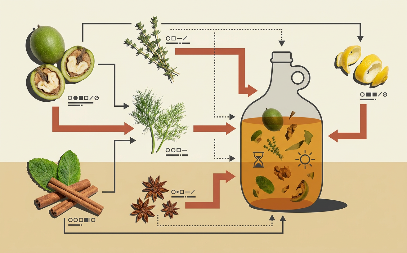 Composición editorial inspirada en Ratafía de nueces verdes: tradición y mi receta familiar